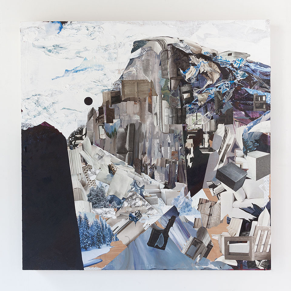 A surreal collage mixing a pristine snowy mountain landscape with objects from an urban environment