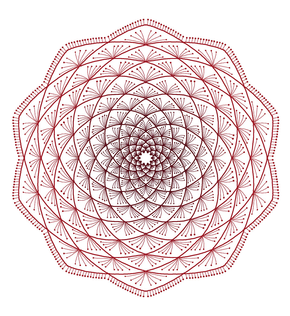 An intricate mandala traced in thin henna red lines