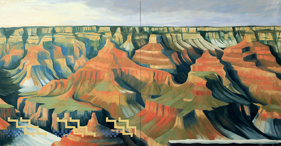 An oil painting of mesas and bluffs