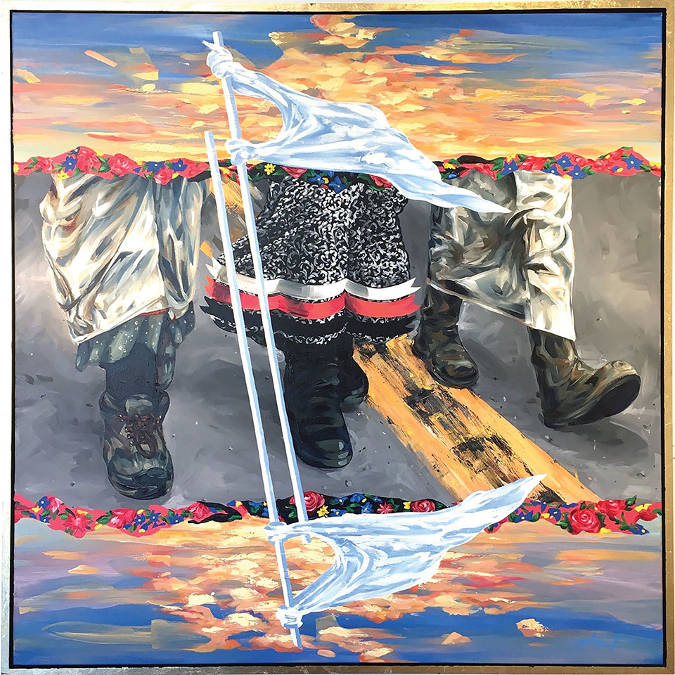 A painting of three sets of legs with white flags tied to both ends of a walking stick