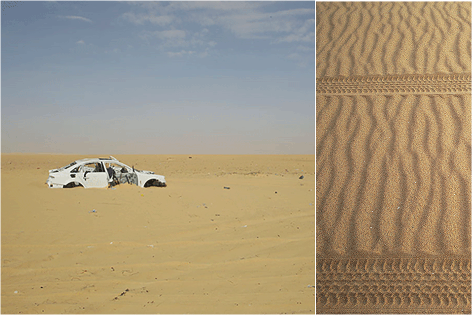 Two photos combined in one image. On the left, a car is buried in sand. On the right, tire tracks running left to right through sand.