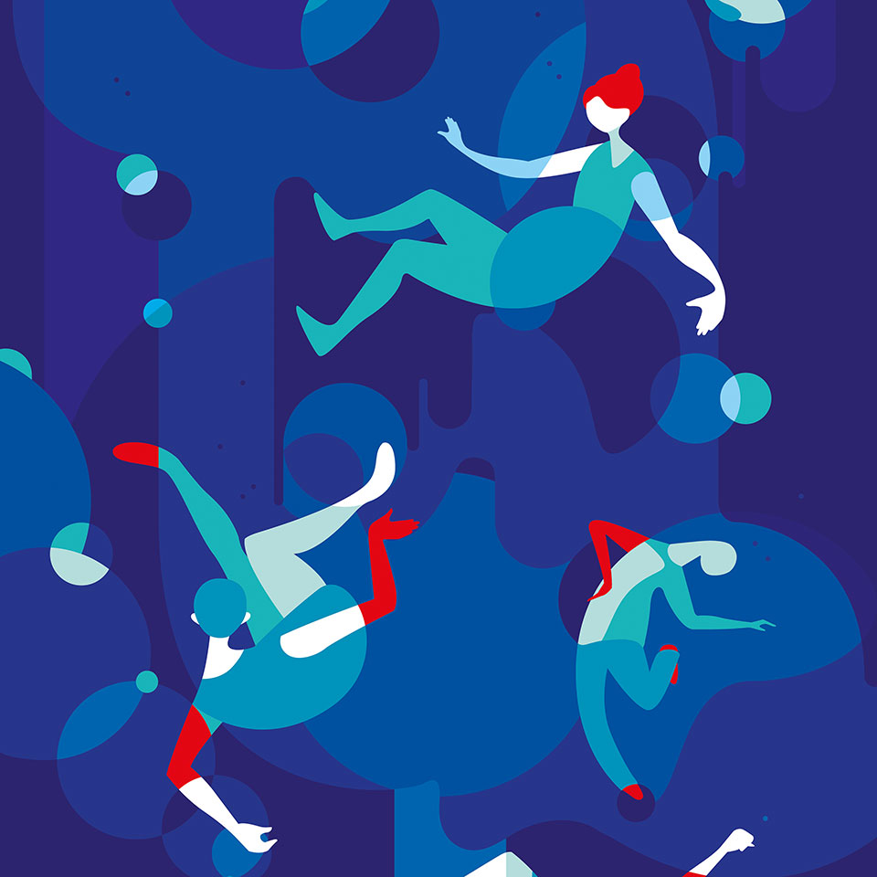 Playfully illustrated figures swim in an abstract sea