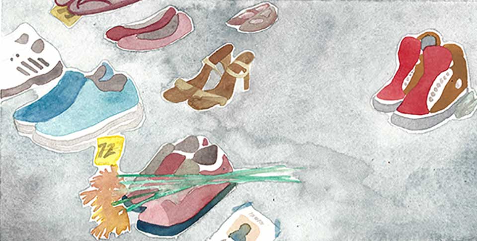 A watercolor painting of a number of pair of shoes against a grey background