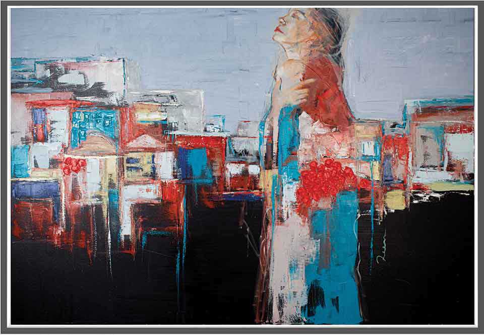 A painting of a woman in front of a geometric representation of city buildings