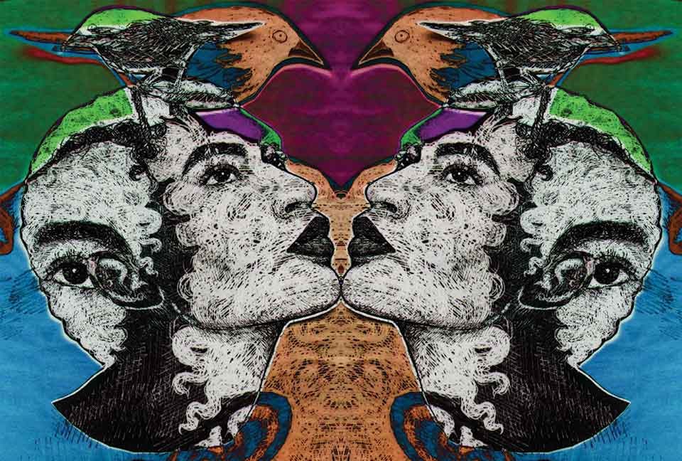 A multimedia illustration with two female heads, identical and facing one another but looking upwards