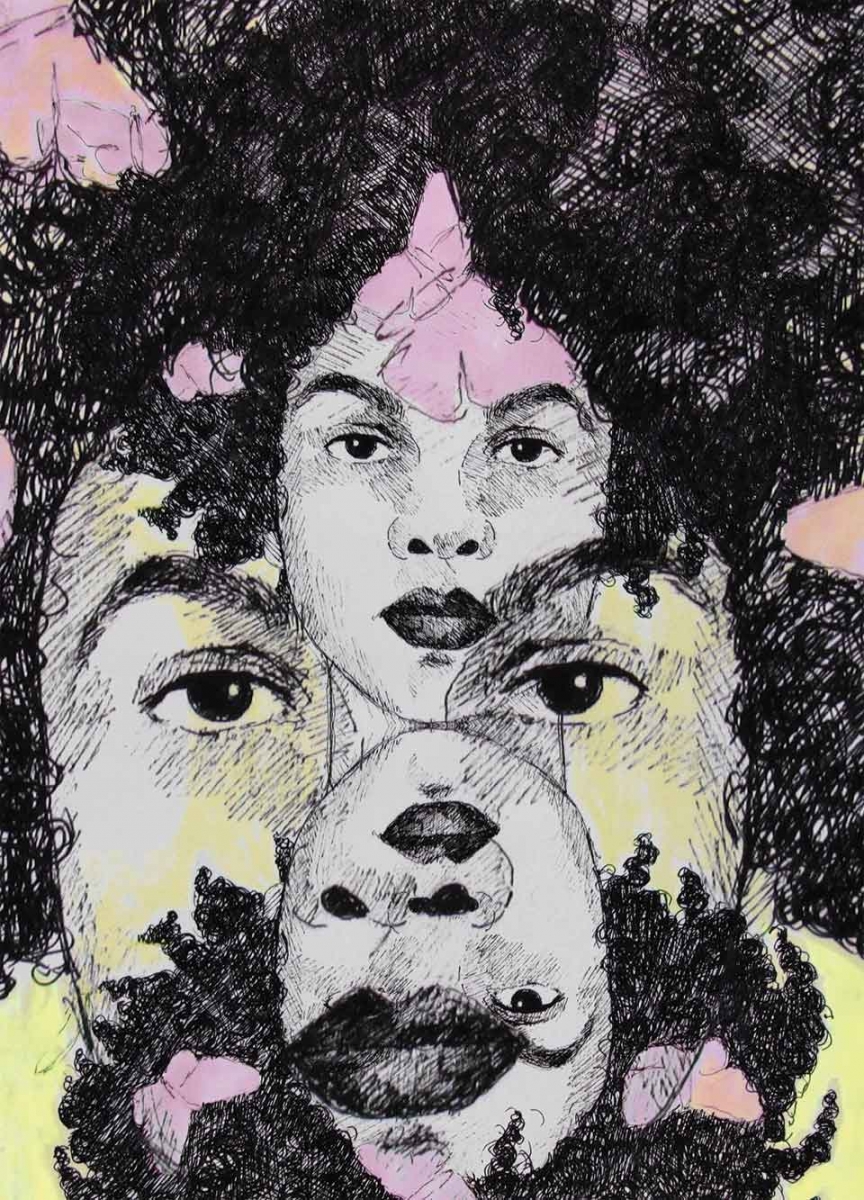 A mixed media illustration of the same face arranged in different aspects to create a surreal collage