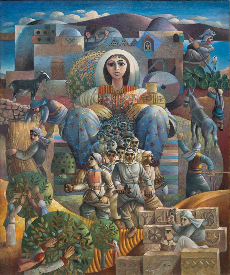 A complex illustration featuring a woman sitting in front of buildings with a throng of people emerging from between her legs