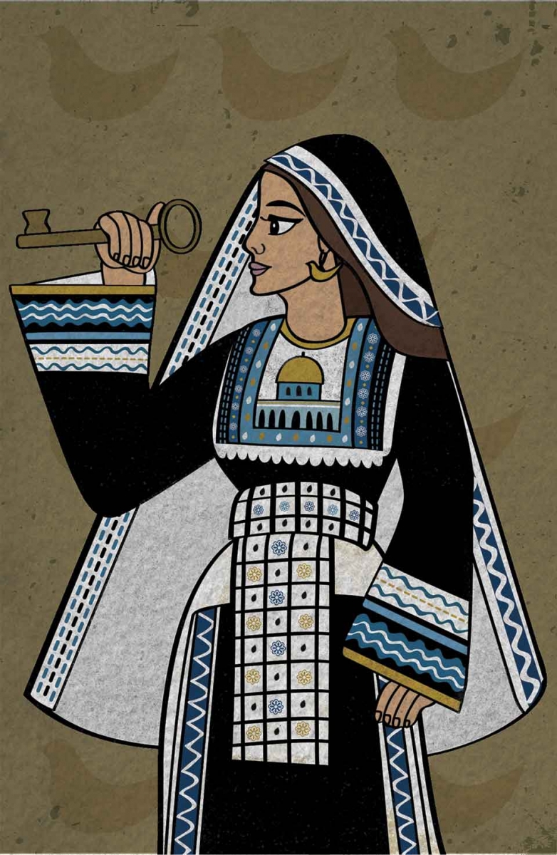 An illustration of a woman, standing in profile, holding a oversized key in her right hand