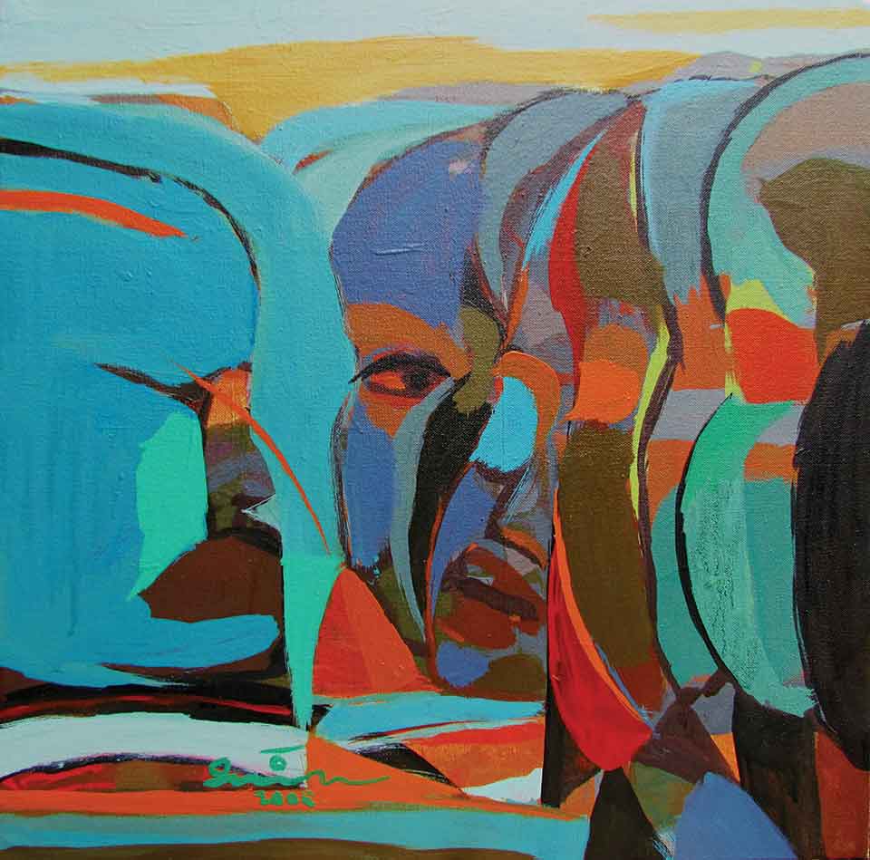 An expressive painting using frond like fields of color from which a human face emerges