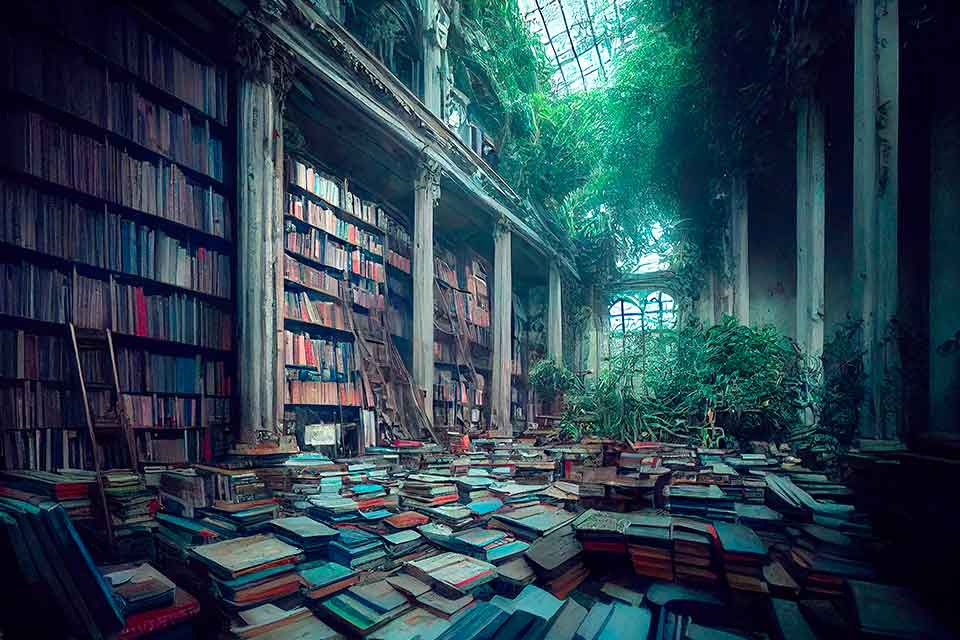 A digital illustration of a library, mostly in ruins with a tree growing in it