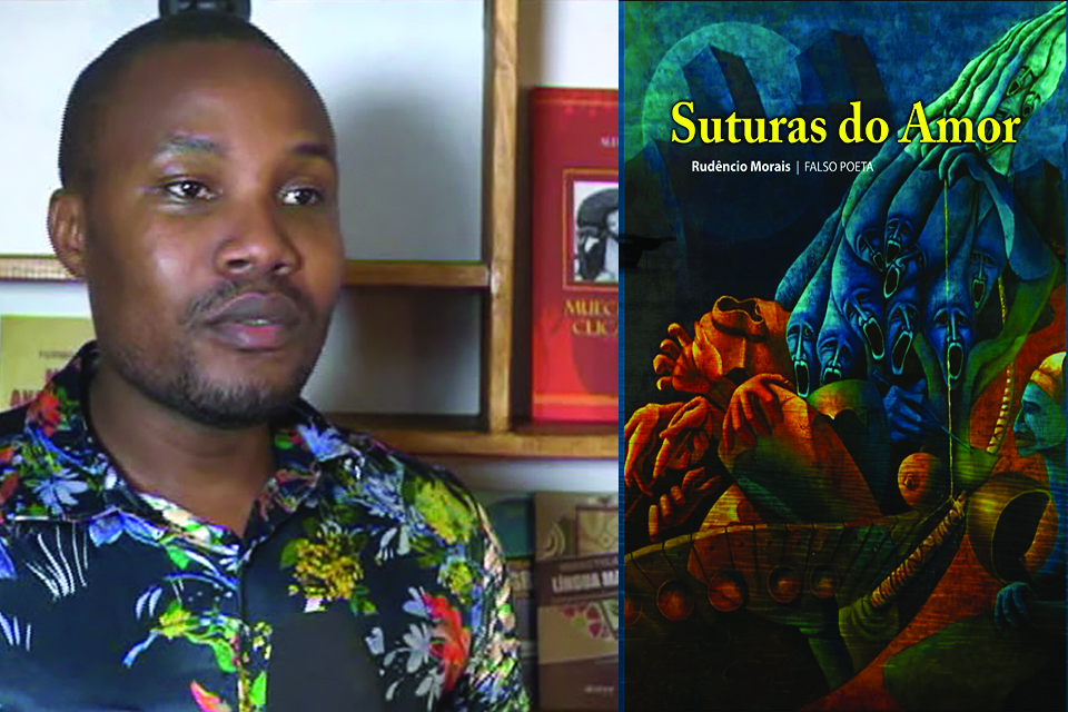 A photo of Rudêncio Morais juxtaposed with the cover to his book Suturas do Amor