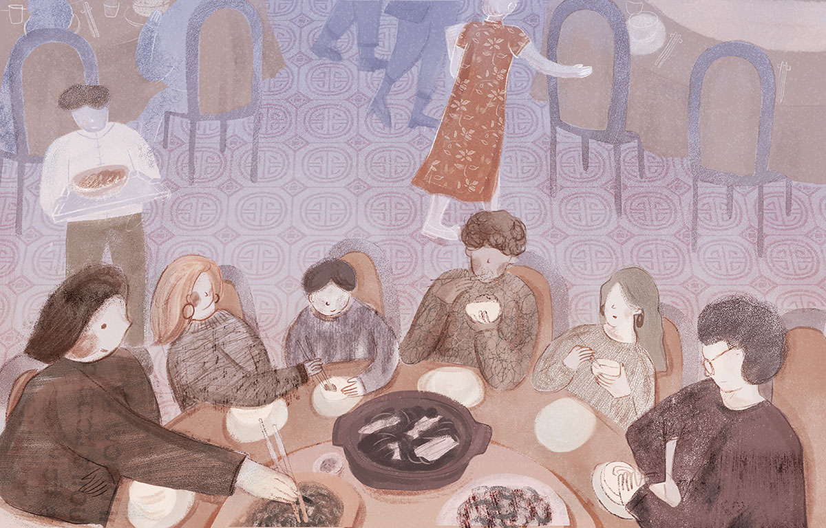 A soft illustration of a family around a table