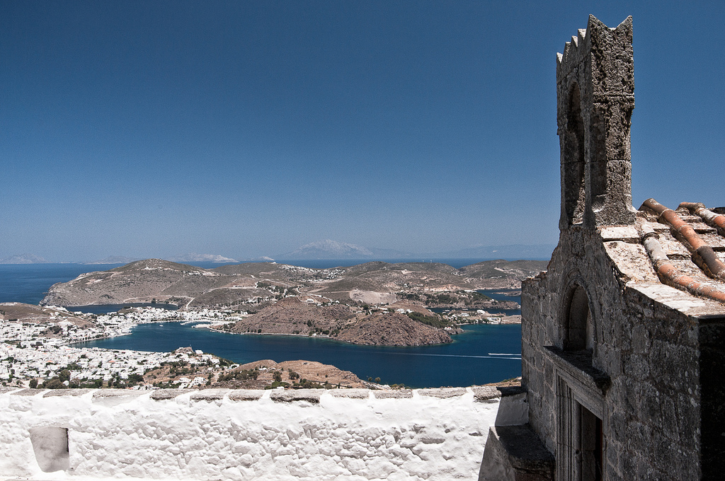 A stone structure overlooks the Aegean Sea off the coast of Patmos