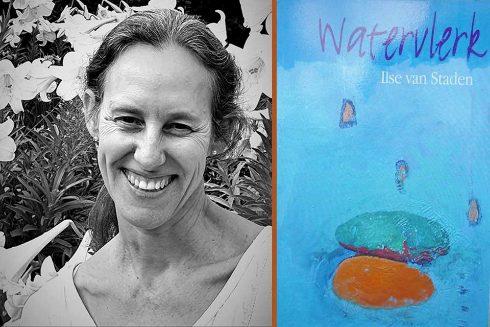 A black and white photograph of Ilse van Staden juxtaposed with the cover to her book Watervlerk