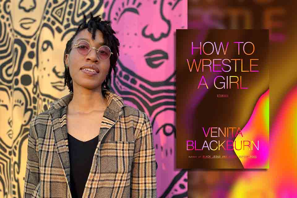 Venita Blackburn with the cover to her book How to Wrestle a Girl