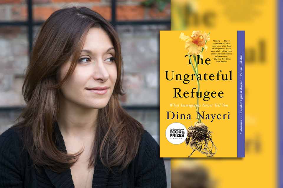 Dina Nayeri with the cover to her book The Ungrateful Refugee