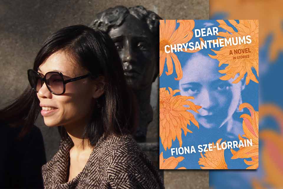 Fiona Sze-Lorrain with the cover to her book Dear Chrysanthemums