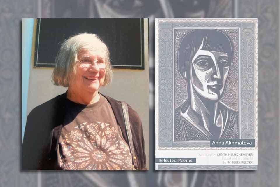 Judith Hemschemeyer with the cover to her translation of Anna Akhmatova's Selected Poems