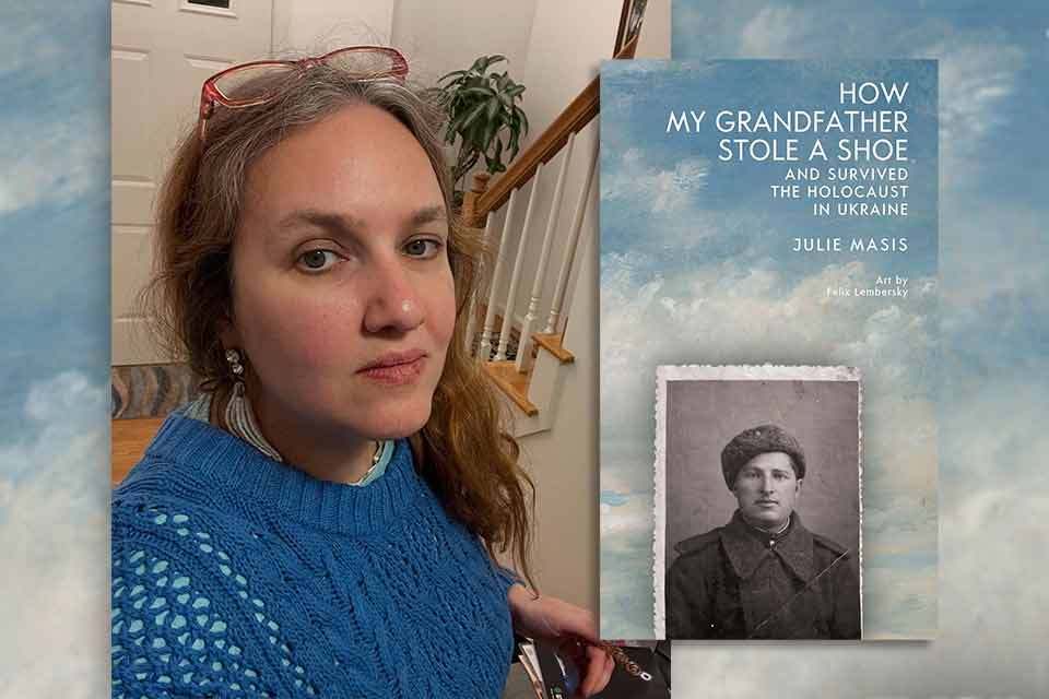 Julie Masis with the cover to her book How My Grandfather Stole a Shoe