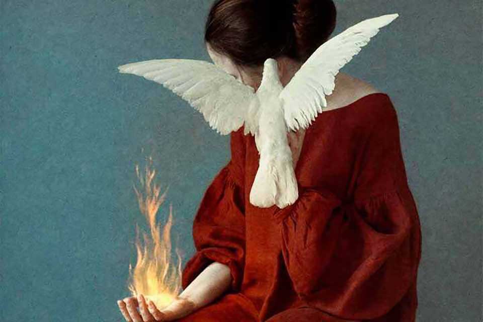 A seated female figure in a long red robe. Her face is obscured by a dove taking flight and a flame has erupted in her hand. The flame is the object of her contemplation.