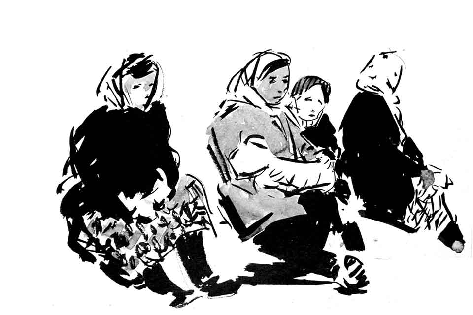 An illustration of women in heavy coats seated