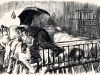An expressive pen and ink drawing. A man rests uncomfortably dressed in a full Victorian era suit. An umbrella rests on the bed between the man and his sleeping wife.