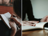 On the left, hands writing in a journal. On the right, a person seated at a table reading that journal.