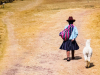 A young girl in South American garb is walking with a sheep along a dirt path