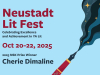 An illustration of a fountain pen leaking a plume of deep space. Text reads: Neustadt Lit Fest. Celebrating excellence and achievement in YA lit. October 20-22, 2025. 2025 NSK Prize winner Cherie Dimaline