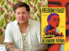 Alejandro Puyana with the cover to his book Freedom Is a Feast