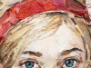 A detail of an oil painting of a woman's face, showing on her eyes and forehead.