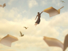 An illustration of a shadowy human figure being flown through the sky while holding on to a flying book