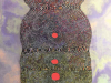 An abstract painted figure composed of small circles in a vaguely humanoid shape with three small red circle aligned down the center