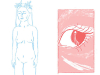 A delicate line drawing in blue of a nude female form juxtaposed with a panel in red of a human eye