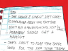 A handwritten note on a red table. Text reads: 3 PM. She drank two cans of Diet Coke (complained that she didn't buy a few extra cans just in case). Probably should get a haircut. She's about to play the same song for the 33rd time today.