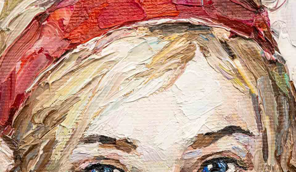 A detail of an oil painting of a woman's face, showing on her eyes and forehead.
