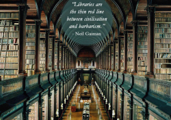 Neil Gaiman quote over a library