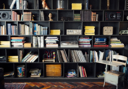 Books on a black book shelf