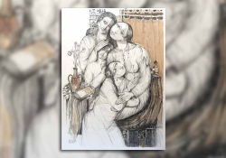 An illustration of a family that brings to mind Medieval drawings as well as cubism