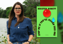 Kristen Arnett and the cover to her book Stop Me If You've Heard This One