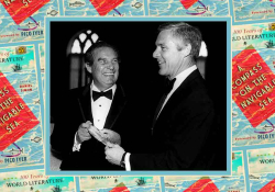 Octavio Paz (left) and William Banowsky holding the 1982 Neustadt Prize silver feather