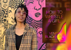 Venita Blackburn with the cover to her book How to Wrestle a Girl