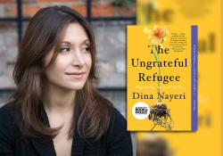 Dina Nayeri with the cover to her book The Ungrateful Refugee