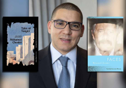 Jonas Elbousty with the cover to two of Mohamed Choukri's books
