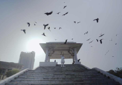 Birds circle above an altar which sits at the top of a tall set of stairs