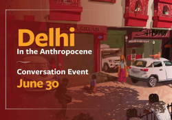 A graphic showing the "Delhi in the Anthropocene" cover illustration depicting interspecies cohabitation in the Delhi cityscape