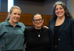 The Marrow Thieves vocalists/narrators Nicole Van Every (left) and Tracey Gregg-Boothby (right) with Cherie Dimaline