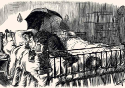 An expressive pen and ink drawing. A man rests uncomfortably dressed in a full Victorian era suit. An umbrella rests on the bed between the man and his sleeping wife.