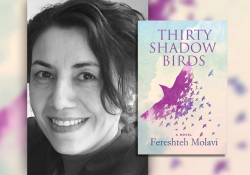 Fereshteh Molavi with the cover to her book Thirty Shadow Birds