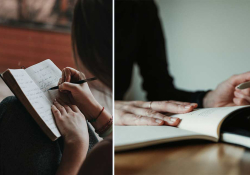 On the left, hands writing in a journal. On the right, a person seated at a table reading that journal.